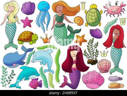 Grande set di illustrazioni sul tema marino. Mermaids ed elementi marini in stile disegno a mano. Collezione di illustrazioni vettoriali per il vostro disegno. Segnale Illustrazione Vettoriale