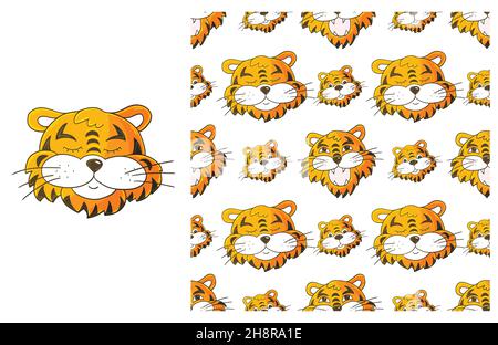 Testa della tigre. Carino set di elementi e pattern senza giunture. Ideale per abbigliamento per bambini. Può essere utilizzato per tessuti, fasciatura e così via Illustrazione Vettoriale