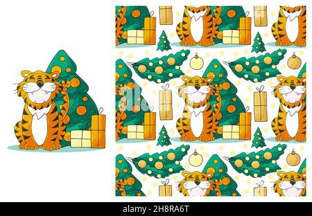 Set di elementi e motivi senza cuciture per l'anno nuovo. Ideale per gli abiti dei bambini. Anno nuovo 2022. Anno della Tigre. Può essere utilizzato per tessuti Illustrazione Vettoriale