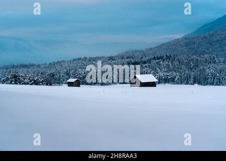 Paesaggio invernale stagionale nelle alpi con fienili innevati sul campo lungo la foresta sempreverde, Mieming, Tirolo, Austria Foto Stock