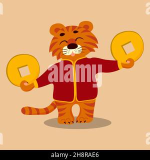 Tiger cub simbolo nuovo in stile cinese. 2022 tiger segno zodiaco cinese. Progettazione di cartoline. Carino personaggio fumetto Tiger cub, animale divertente. Natura Illustrazione Vettoriale
