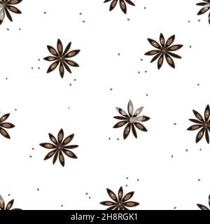 Anice stellato o badiano su sfondo bianco. Pattern vettoriale senza giunture Illustrazione Vettoriale