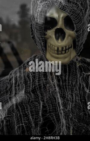 Halloween Skeleton vestito con un rivestimento scuro Foto Stock