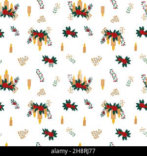 Piante di Natale, agrifoglio con bacche rosse e candele gialle disposizione senza cuciture disegno vettoriale, vacanze invernali ripetere ornamento, festive periodo celebrazione decorazione per tessuti, carta regalo Illustrazione Vettoriale