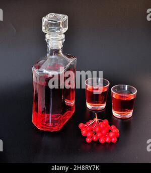 Liquore al Viburnum, alcol forte fatto in casa in un decanter di vetro e due bicchieri con un mazzetto di bacche mature su sfondo nero. Primo piano. Foto Stock