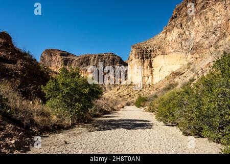 Ampio sentiero sabbiosa che lascia Upper Burro Mesa Pouroff in Big Bend Foto Stock