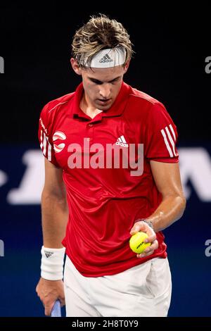 SYDNEY, AUSTRALIA - GENNAIO 04: Dominic Thiem of Austria serve durante il secondo giorno della partita del gruppo single alla ATP Cup Tennis 2020 alla Ken Rosewall Arena il 04 Gennaio 2020 a Sydney, Australia. Credit: Speed Media/Alamy Live News Foto Stock