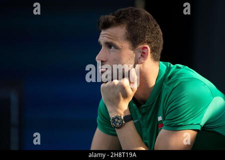 SYDNEY, AUSTRALIA - GENNAIO 07: Grigor Dimitrov della Bulgaria si presenta durante il quinto giorno della partita singola del Gruppo C alla ATP Cup 2020 Tennis alla Ken Rosewall Arena il 07 Gennaio 2020 a Sydney, Australia. Foto Stock