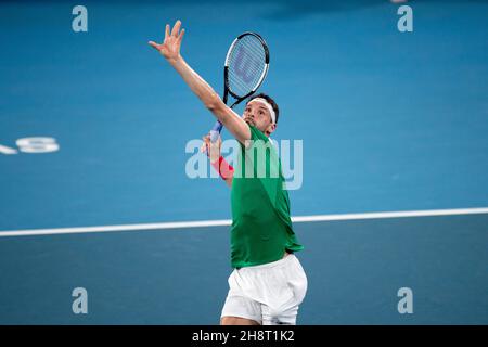 SYDNEY, AUSTRALIA - GENNAIO 07: Grigor Dimitrov di Bulgaria colpisce un colpo durante il giorno cinque della partita singola del Gruppo C alla ATP Cup 2020 Tennis alla Ken Rosewall Arena il 07 Gennaio 2020 a Sydney, Australia. Foto Stock