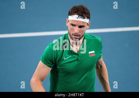 SYDNEY, AUSTRALIA - GENNAIO 07: Grigor Dimitrov della Bulgaria durante il giorno cinque della partita singola del Gruppo C alla ATP Cup 2020 Tennis alla Ken Rosewall Arena il 07 Gennaio 2020 a Sydney, Australia. Foto Stock