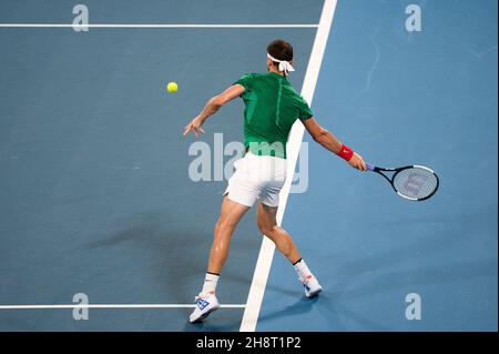 SYDNEY, AUSTRALIA - GENNAIO 07: Grigor Dimitrov della Bulgaria gioca una mano d'anticipo durante il giorno cinque della partita singola del Gruppo C alla ATP Cup 2020 Tennis alla Ken Rosewall Arena il 07 Gennaio 2020 a Sydney, Australia. Foto Stock