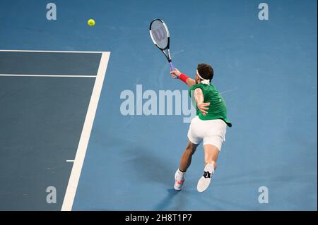 SYDNEY, AUSTRALIA - GENNAIO 07: Grigor Dimitrov della Bulgaria gioca una mano d'anticipo durante il giorno cinque della partita singola del Gruppo C alla ATP Cup 2020 Tennis alla Ken Rosewall Arena il 07 Gennaio 2020 a Sydney, Australia. Foto Stock