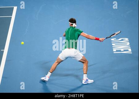 SYDNEY, AUSTRALIA - GENNAIO 07: Grigor Dimitrov della Bulgaria gioca una mano d'anticipo durante il giorno cinque della partita singola del Gruppo C alla ATP Cup 2020 Tennis alla Ken Rosewall Arena il 07 Gennaio 2020 a Sydney, Australia. Foto Stock