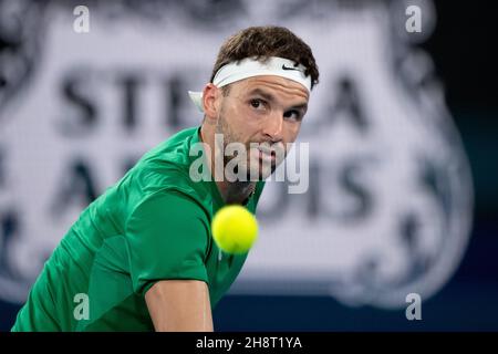 SYDNEY, AUSTRALIA - GENNAIO 07: Grigor Dimitrov della Bulgaria perde la palla durante il giorno cinque della partita singola del Gruppo C alla ATP Cup 2020 Tennis alla Ken Rosewall Arena il 07 Gennaio 2020 a Sydney, Australia. Foto Stock