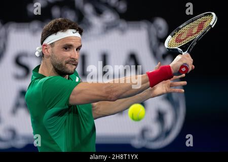 SYDNEY, AUSTRALIA - GENNAIO 07: Grigor Dimitrov della Bulgaria gioca un backhand durante il giorno cinque della partita singola del Gruppo C alla ATP Cup 2020 Tennis alla Ken Rosewall Arena il 07 Gennaio 2020 a Sydney, Australia. Foto Stock