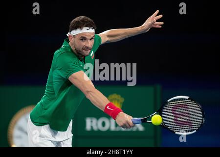 SYDNEY, AUSTRALIA - GENNAIO 07: Grigor Dimitrov della Bulgaria gioca un backhand durante il giorno cinque della partita singola del Gruppo C alla ATP Cup 2020 Tennis alla Ken Rosewall Arena il 07 Gennaio 2020 a Sydney, Australia. Foto Stock