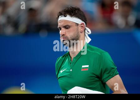 SYDNEY, AUSTRALIA - GENNAIO 07: Grigor Dimitrov della Bulgaria durante il giorno cinque della partita singola del Gruppo C alla ATP Cup 2020 Tennis alla Ken Rosewall Arena il 07 Gennaio 2020 a Sydney, Australia. Foto Stock