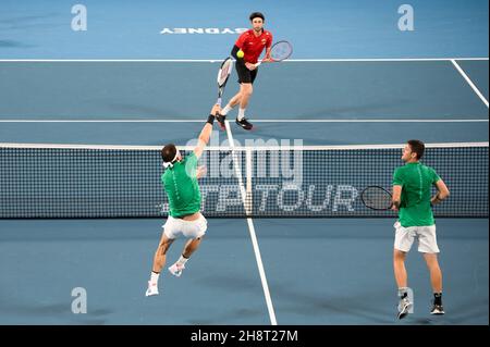 SYDNEY, AUSTRALIA - GENNAIO 07: Grigor Dimitrov della Bulgaria colpisce un colpo di testa durante il giorno cinque della partita doppia del Gruppo C alla ATP Cup 2020 Tennis alla Ken Rosewall Arena il 07 Gennaio 2020 a Sydney, Australia. Foto Stock