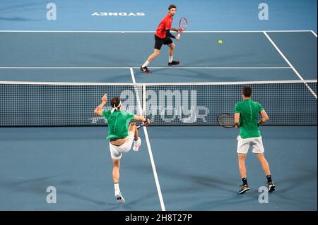 SYDNEY, AUSTRALIA - GENNAIO 07: Grigor Dimitrov della Bulgaria colpisce un colpo di testa durante il giorno cinque della partita doppia del Gruppo C alla ATP Cup 2020 Tennis alla Ken Rosewall Arena il 07 Gennaio 2020 a Sydney, Australia. Foto Stock