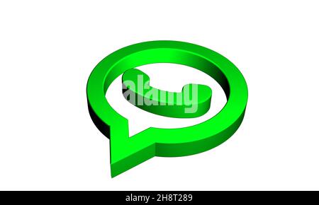 Logo WhatsApp 3D rendering Flat Design isolato su sfondo bianco. Applicazione tridimensionale What's icona verde lucida Foto Stock