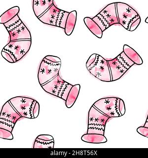 Acquerello disegno a mano senza cuciture con elementi rosa di Natale, moderno sfondo boho con ornamenti di girly arrossati fiocchi di neve calze forme astratte, per avvolgere carta decorazione di festa tessile Foto Stock