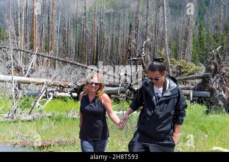 coppia mista di corsa che tiene le mani ridendo, camminando verso la macchina fotografica con erba verde e gli alberi dietro di loro Foto Stock