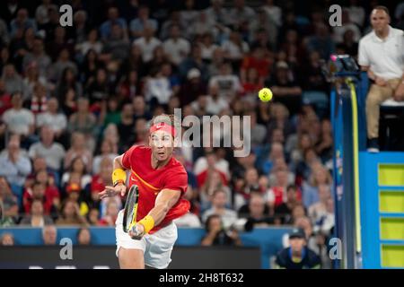 SYDNEY, AUSTRALIA - GENNAIO 12: Rafael Nadal di Spagna ha fatto una pallavolo a dorso di mano durante il giorno dieci delle finali individuali alla ATP Cup 2020 Tennis alla Ken Rosewall Arena il 12 Gennaio 2020 a Sydney, Australia. Foto Stock