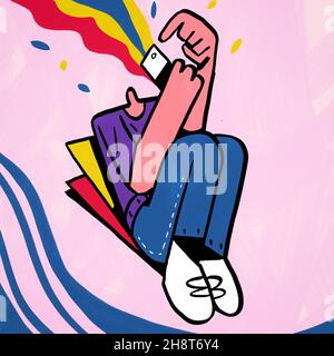 Bizzarro tocco magico e rainbow luce, illustrazione con flat art. Sociale media felicità clip art disegno, colore chiaro. Design piatto per flayer, stampa Foto Stock