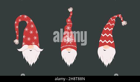 Simpatico gnomes volti in babbo natale cappelli su sfondo nero. Elfi di natale scandinavi. Illustrazione vettoriale in stile cartoon piatto. Design Nordic Element Illustrazione Vettoriale