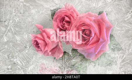 Vista del bel bouquet di fiori rosa rosa attraverso vetro congelato finestra. Rose dolci - simbolo d'amore nella cornice di hoarfrost. Romantico concetto di San Valentino, Foto Stock