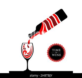 Versare il vino della bottiglia in un bicchiere. Tempo per il vino. Bottiglia e bicchiere di vino rosso piatto. Illustrazione Vettoriale