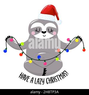 Abbia un Natale pigro - sloth divertente aggrovigliato nelle luci di Natale. Tiri di scarabocchio. Adorabile poster per feste natalizie, buono per t-shirt, regali, tazze o. Illustrazione Vettoriale