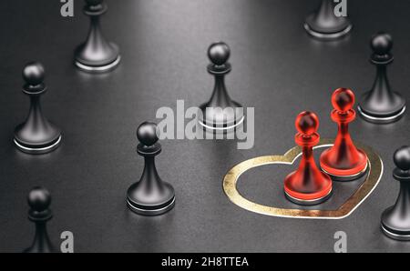 Illustrazione in 3D di due pedine rosse all'interno di un cuore dorato con altri pezzi di scacchi intorno ad esso. Foto Stock