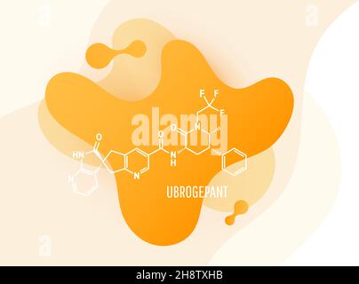 Formula della molecola di farmaco di Ubrogepant con forme di liquido su sfondo bianco, illustrazione vettoriale Illustrazione Vettoriale