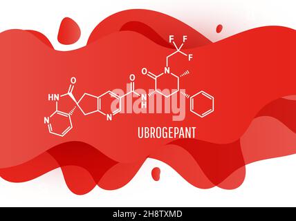 Formula della molecola di farmaco di emicrania con liquido rosso forme su sfondo bianco, illustrazione vettoriale Illustrazione Vettoriale