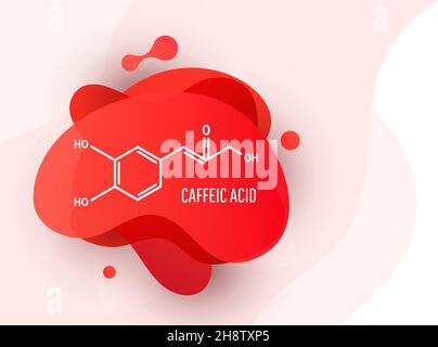 Acido caffeico, struttura molecolare C9H8O4. Formula chimica scheletrica con forme di liquido rosso su sfondo bianco, illustrazione vettoriale Illustrazione Vettoriale