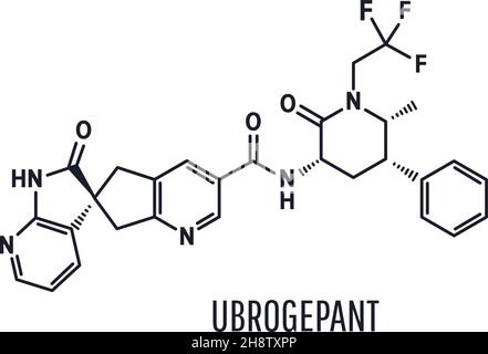 Ubrogepant emicrania molecola di farmaco antagonista del recettore CGRP, formula chimica scheletrica. Illustrazione vettoriale Illustrazione Vettoriale
