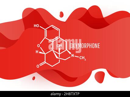 Molecola di farmaco analgesico oppioide ossimorfone, formula chimica scheletrica con forme di liquido rosso su sfondo bianco, illustrazione vettoriale Illustrazione Vettoriale