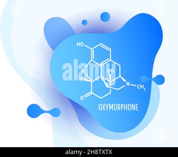 Molecola di farmaco analgesico oppioide ossimorfone, formula chimica scheletrica con forme di liquido blu su sfondo bianco, illustrazione vettoriale Illustrazione Vettoriale