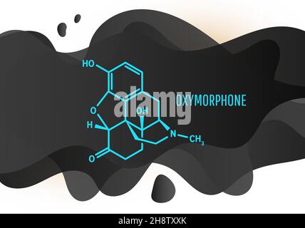 Molecola di farmaco analgesico oppioide ossimorfone, formula chimica scheletrica con forme di liquido nero su sfondo bianco, illustrazione vettoriale Illustrazione Vettoriale