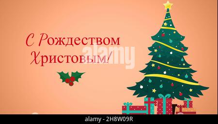 Immagine dei saluti di natale in russo su decorazioni e albero di natale Foto Stock