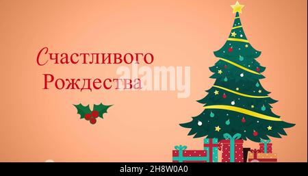 Immagine dei saluti di natale in russo su decorazioni e albero di natale Foto Stock