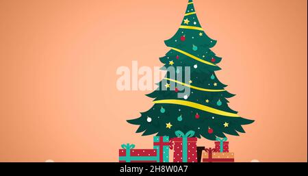 Immagine dei saluti di natale in russo su decorazioni e albero di natale Foto Stock