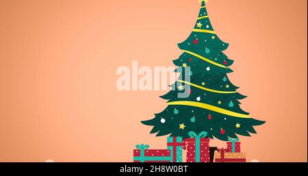 Immagine dei saluti di natale in russo su decorazioni e albero di natale Foto Stock