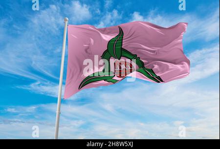 Bandiera di Hsinchu, Città su sfondo cielo nuvoloso al tramonto, vista panoramica. Repubblica popolare Cinese. Spazio di copia per striscioni larghi. illustrazione 3d Foto Stock