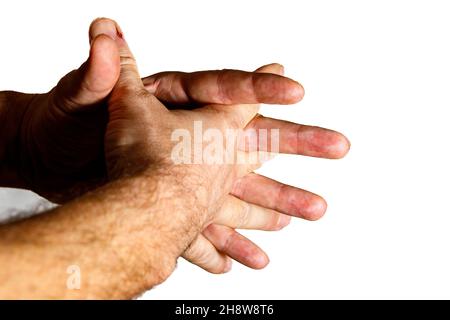 Una mano con le dita inizia a pregare Foto Stock