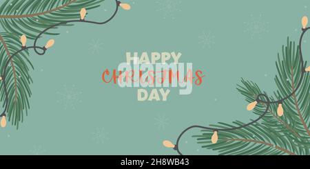 Vacanza inverno banner design stile retrò. Sfondo orizzontale di Natale. Modello di carte natalizie con torni di abete e ghirlande. Vettore piatto colorato Illustrazione Vettoriale