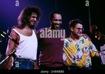 Jazzmusiker Pat Metheny, amerikanischer Gitarrist mit den Gastmusikern, Billy Higgins, Schlagzeuger und Charlie Haden, KontrabAssist, bei einem Konzert, 1984. I musicisti jazz americani Pat Metheny, chitarrista con Billy Higgins, batterista e Charlie Haden, doppio bassista, performance, 1984. Foto Stock