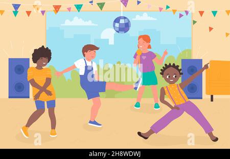 Bambini in divertente danza partito illustrazione vettoriale. Cartoon bambina che canta karaoke, gruppo di ragazzi che ballano alla musica, divertenti ballerini per bambini che saltano e ridono insieme. Concetto di infanzia felice Illustrazione Vettoriale