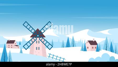 Inverno Campagna mattina paesaggio nevoso in Europa illustrazione vettoriale. Cartoon mulino, foresta e villaggio case di fattoria su colline coperte di neve bianca, carino scenario di Natale, biglietto di auguri di Natale Illustrazione Vettoriale